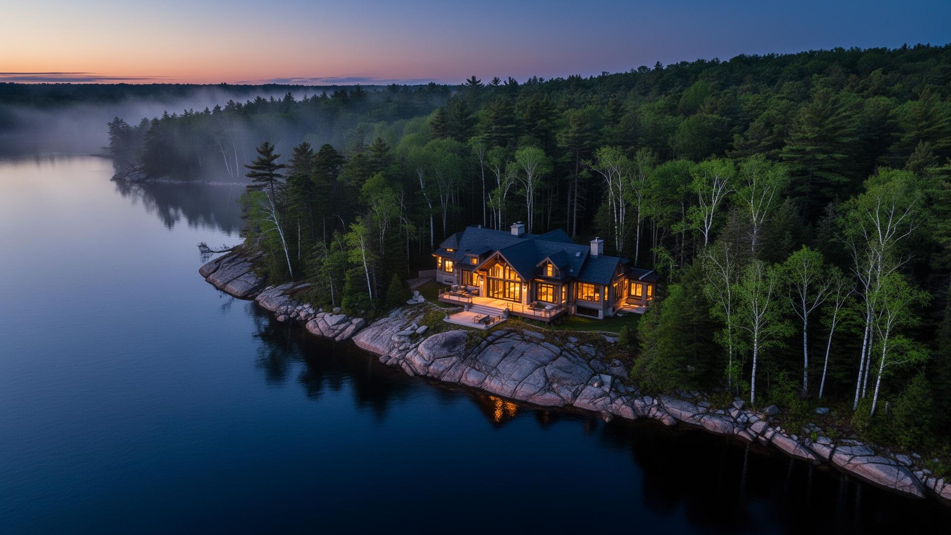 Luxury Muskoka lakefront cottage at twilight